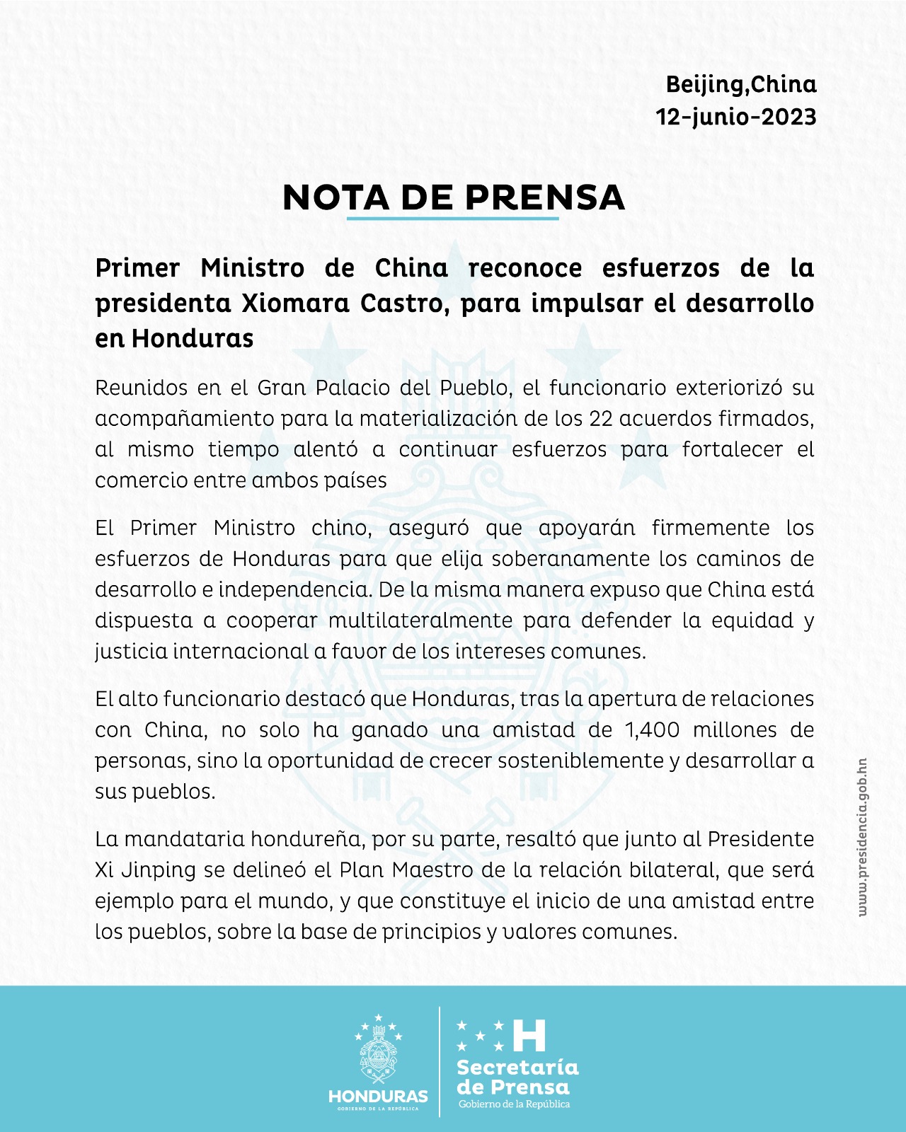 China apoya esfuerzos de la presidenta Xiomara Castro el combate a la corrupción 